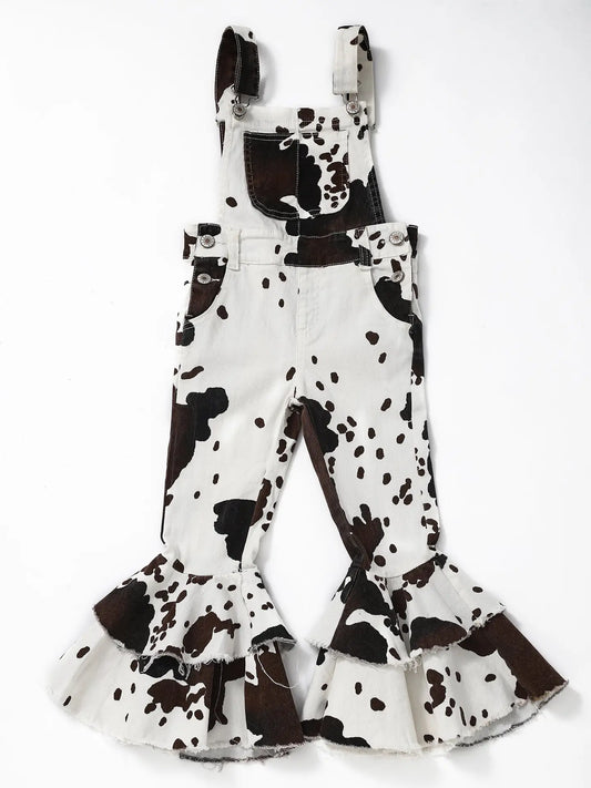 Girls Cow Print Denim Double Layer Overalls