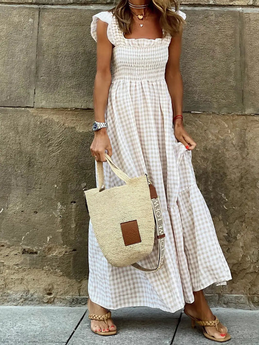Gingham Smocked Maxi Dress Resort Style White