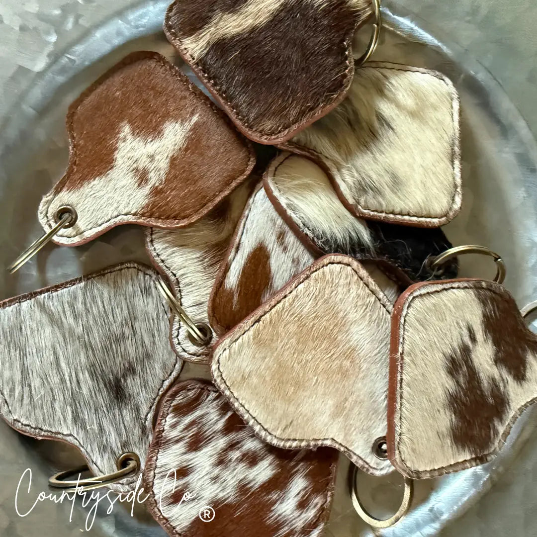 Cowhide Cow Tag Keychain