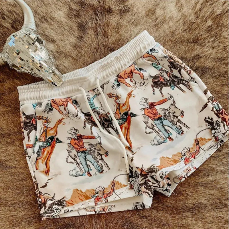 Western Retro Women's Denim Shorts with Print and Drawstring