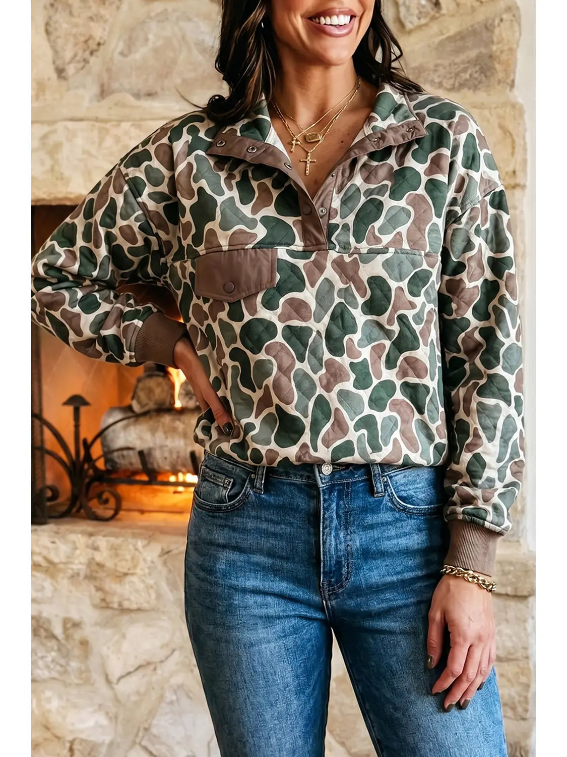 Western Camo Pullover Long Sleeve Stand Neck Sweatshirt