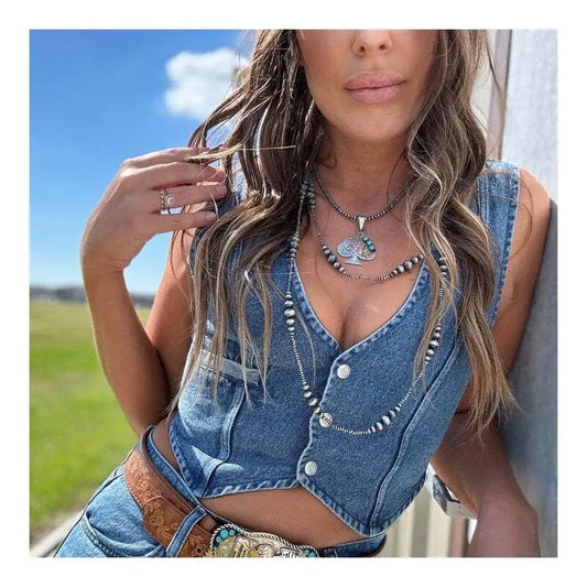 Sleeveless V-Neck Denim Vest in Solid Color