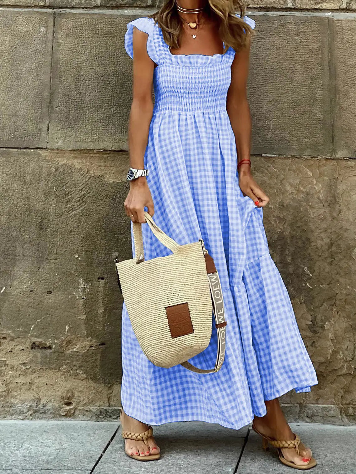 Gingham Smocked Maxi Dress Resort Style Blue
