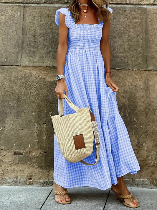 Gingham Smocked Maxi Dress Resort Style Blue