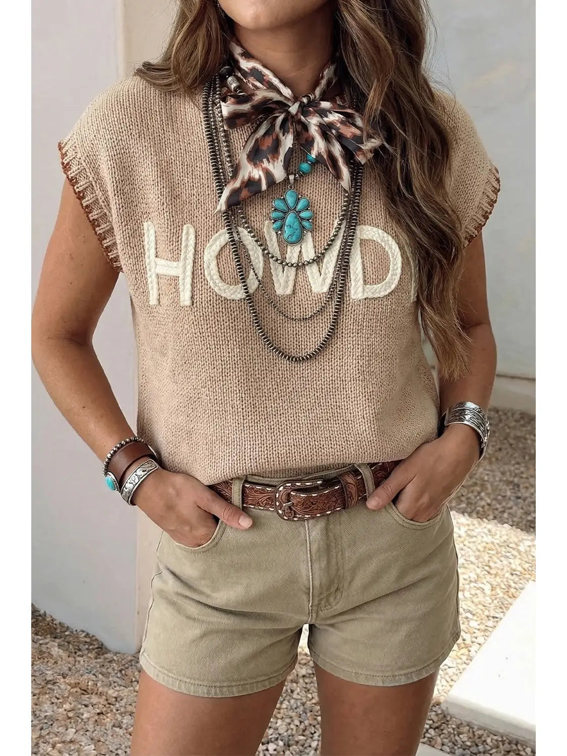 Contrast Trim Short Sleeve Knit Howdy Western Sweater
