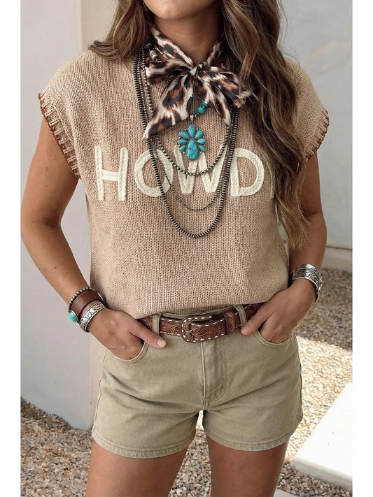 Contrast Trim Short Sleeve Knit Howdy Western Sweater